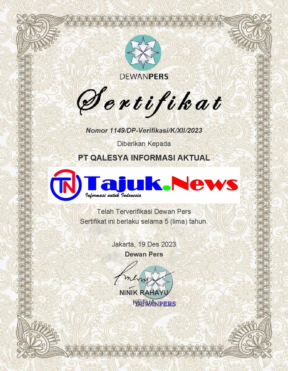 Sertifikat dari Dewan Pers