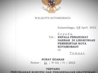 Wali Kota Kotamobagu Terbitkan Surat Edaran Antisipasi Gratifikasi Terkait Hari Raya