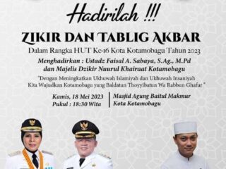 HUT Kota Kotamobagu ke-16, Pemkot Bakal Gelar Dzikir dan Tablig Akbar