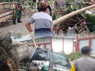 Polsek Sukorejo Kota Blitar Sigap Bantu Mobil Warga Tertimpa Pohon Tumbang