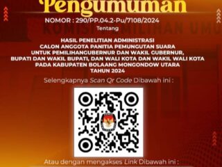 KPU Bolmong Utra Umumkan Hasil Seleksi Admistrasi PPS pemilihan Gubernur dan wakil Gubernur, Bupati dan wakil Bupati tahun 2024