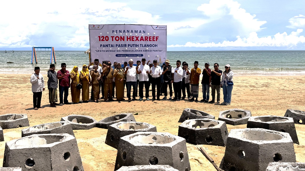 PHE WMO Tanam 120 Ton Hexa Reef di Pantai Pasir Putih Tlangoh